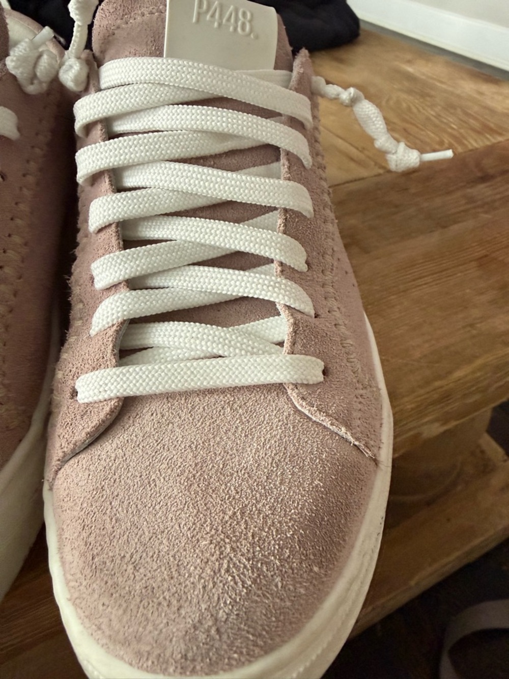 P448 Women's Pale Pink Suede Low-Top Sneakers with White Laces - Picture 2 of 5